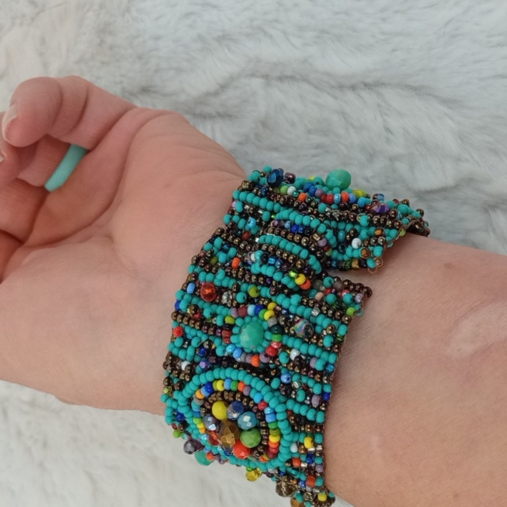 Beaded Fringe Handmade Cuff Bracelet Turquoise Multi Color